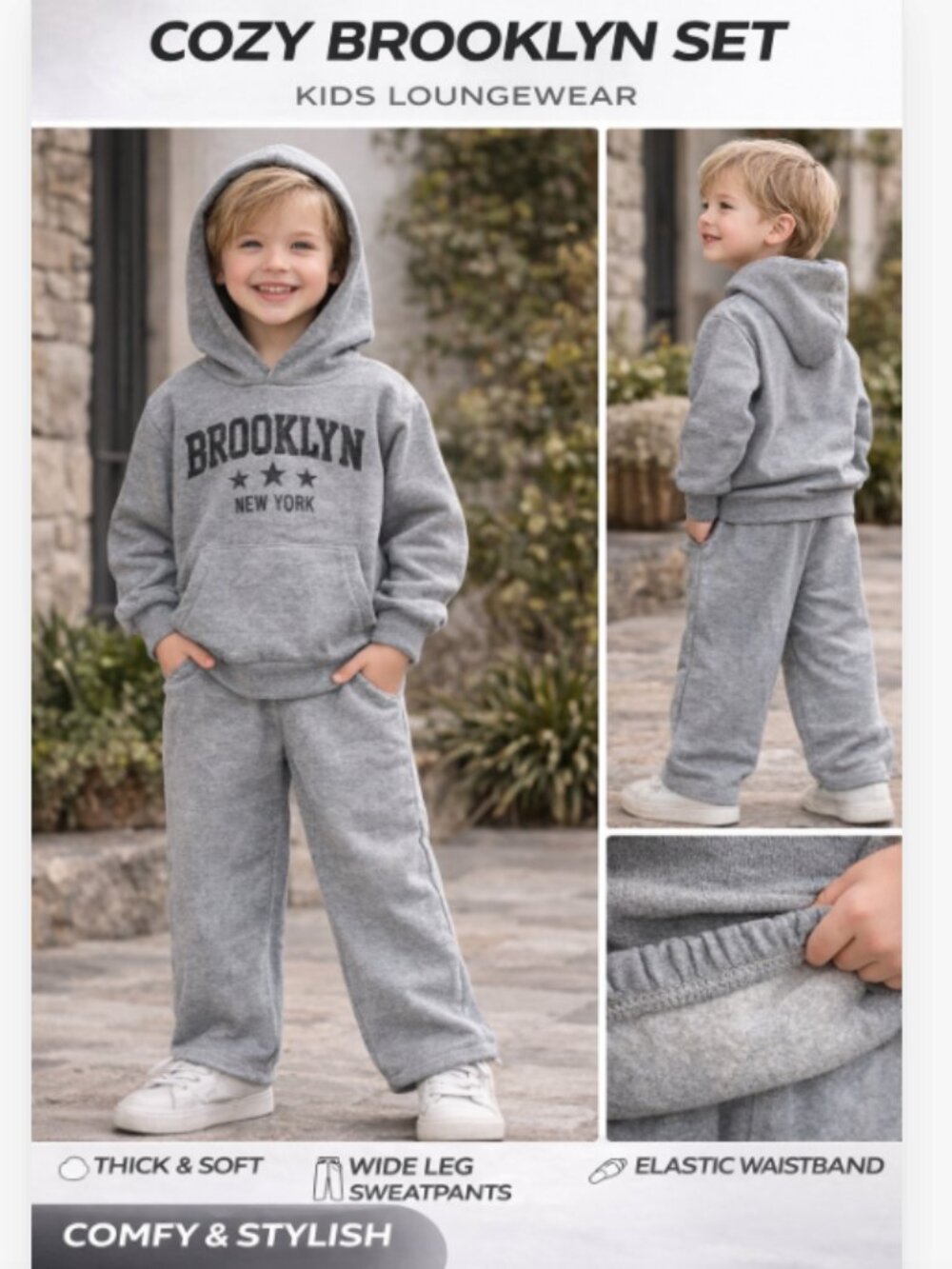 Brooklyn New York 2 Piece Set Hoodie & Wide Leg Pants Gray Cozy Lounge Set Size